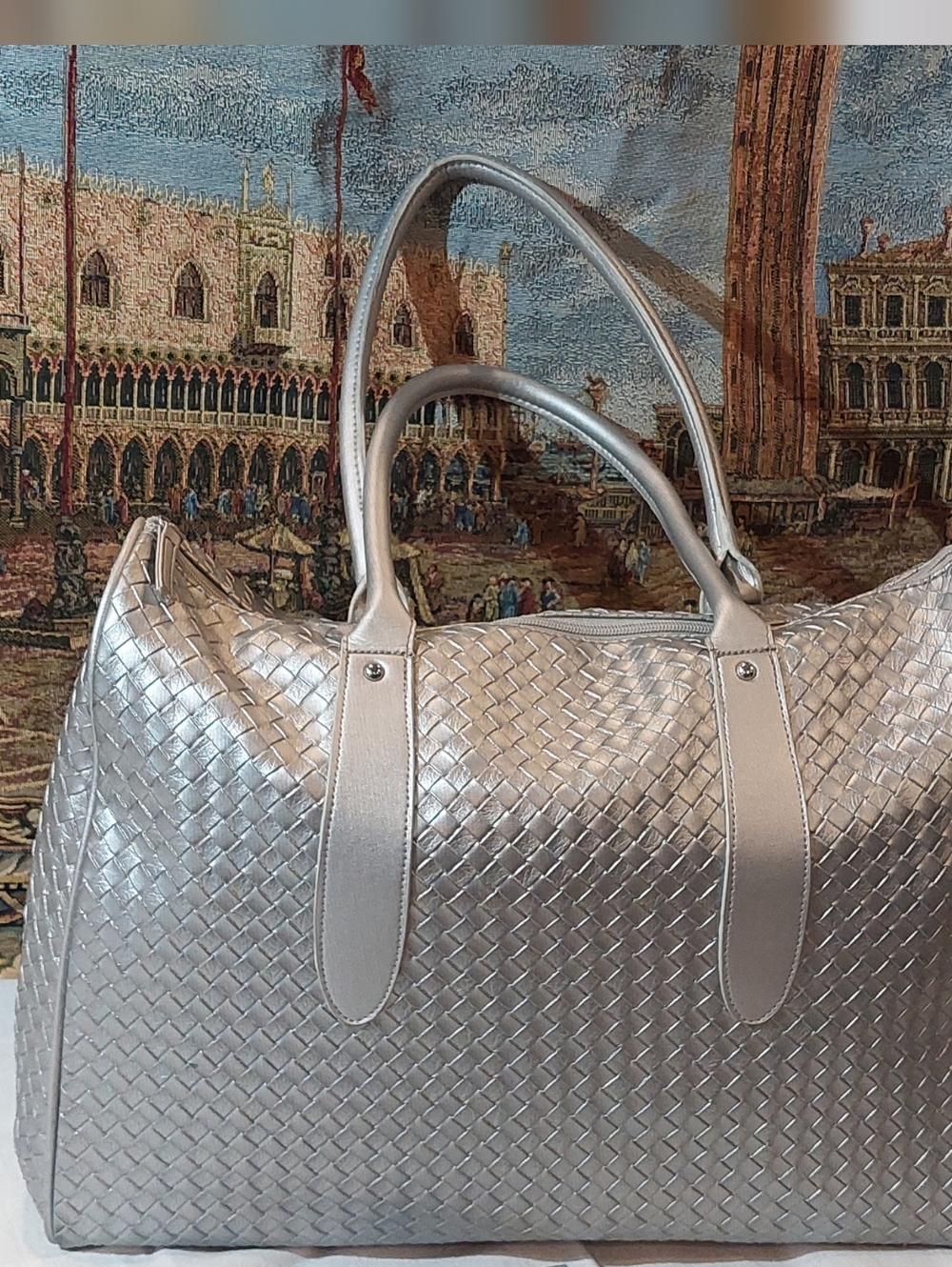 Silver Woven Travel Tote Bag - Women